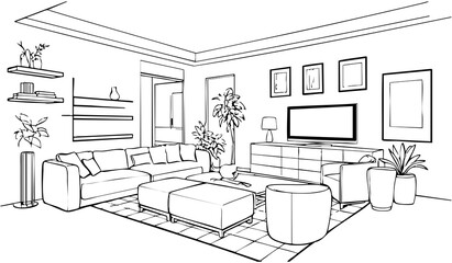 Fototapeta premium Hand-drawn interior. Big Cosy living room with sofa, wardrobe, painting and plants. Vector illustration
