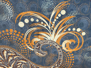 Random carpet rug design with abstract curve swirl pattern. In various gold, blue, and purple color. Hand tufted carpet dots and spiral pattern with floral leaves illustration concept. 