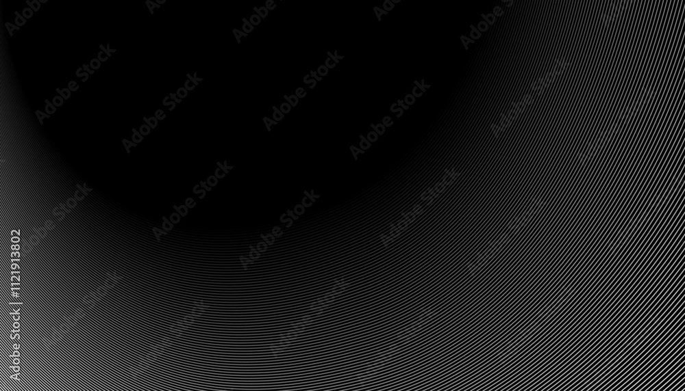 Poster abstract black background with flowing white curved lines creating a wave effect