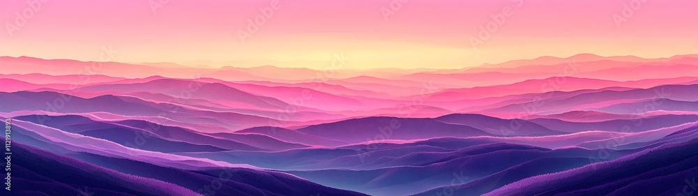 Sticker A breathtaking panoramic view of rolling hills with soft, layered contours under a vibrant dusk sky, featuring hues of pink, purple, and orange blending harmoniously.