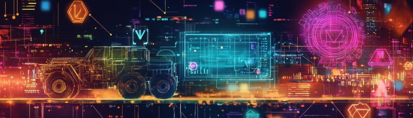 Obraz premium A vibrant digital art piece showcasing futuristic transportation and urban innovation.