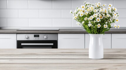 Wooden table stands ready for product presentation with a soft-focus kitchen behind. The bright space features stainless steel appliances and a floral centerpiece, evoking a fresh atmosphere