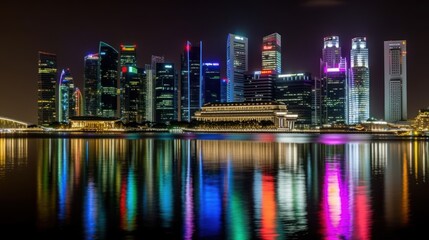 Obraz premium Night view of a city skyline with colorful reflections on water.