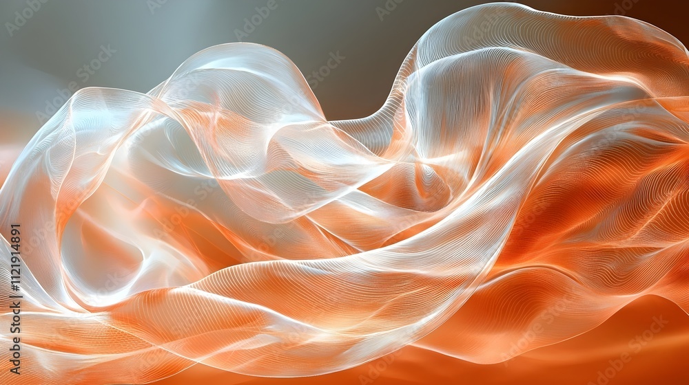 Poster a captivating abstract image showcasing flowing waves of translucent fabric in shades of orange and 