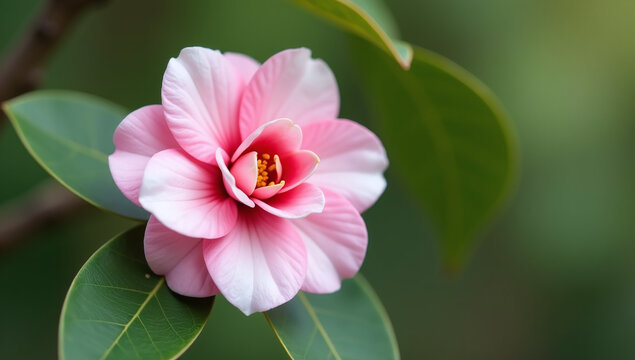 single camellia flower blooms japanese ashiya tree naturally producing unique delicate petals pink white