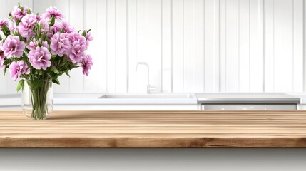 Wooden tabletop stands empty in a modern kitchen with light wood cabinetry and stainless steel appliances. Flowers in a vase add freshness and color to the bright space