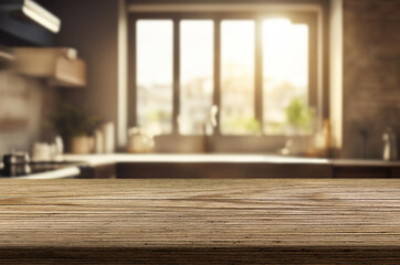 Beautiful natural wooden table with kitchen background