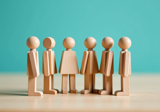 small wooden figures stand together representing unity diverse