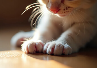 soft focus captures tiny kitten paws warm light peaceful intimate