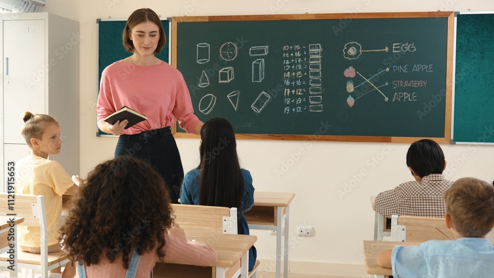 Poster smart teacher checking cute student homework while explaining idea at class. attractive instructor w