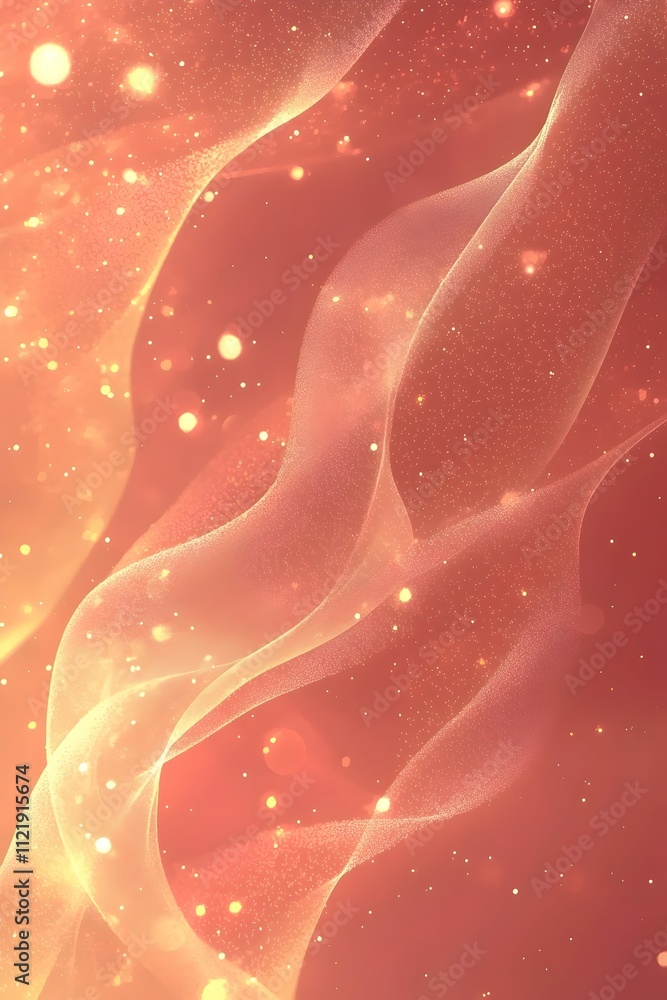 Poster a soft, ethereal wave of sheer fabric in warm peach tones, illuminated by shimmering golden light pa