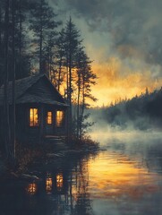 Secluded Cabin by the Lake at Sunset: A Serene Evening