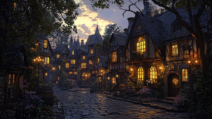 Fototapeta premium A charming, enchanting village scene bathed in the soft glow of evening light. The narrow cobblestone street is lined with picturesque houses featuring half-timbered architecture, steeply pitched roof