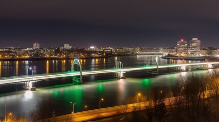 Fototapeta premium Night view of a lit bridge over a river with city skyline in the background.