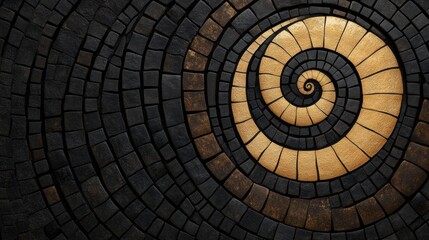 Naklejka premium Abstract golden spiral embedded in a textured mosaic of dark stones, symbolizing elegance, balance, and the Fibonacci sequence.