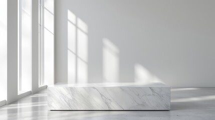 Obraz premium Rectangular marble pedestal placed in a bright, minimalist interior with large windows casting geometric shadows on the clean white walls and floor
