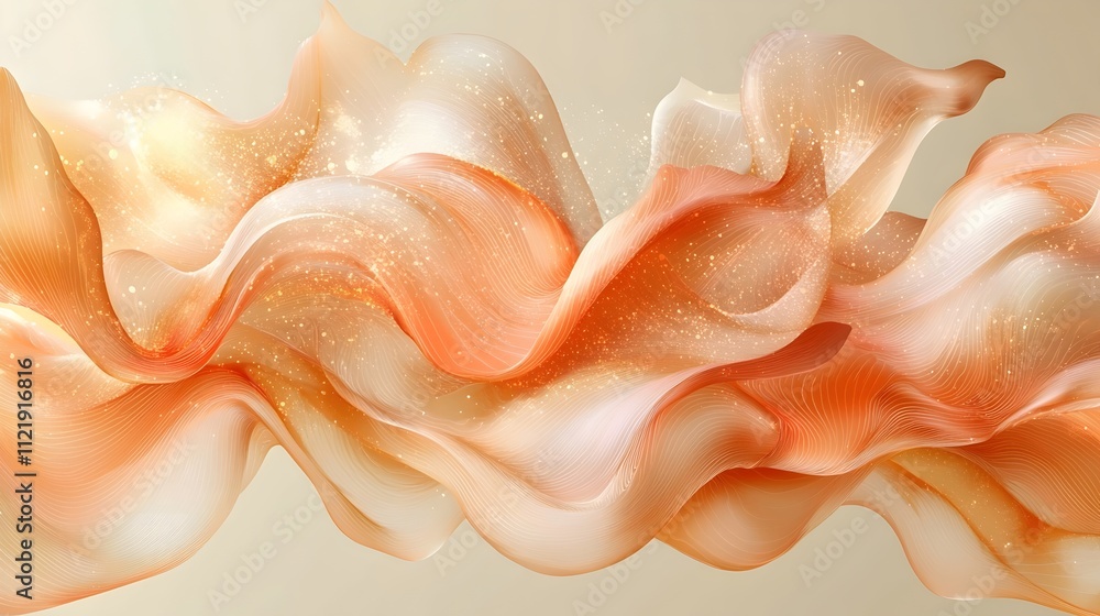 Poster abstract flowing waves in soft peach and cream tones, creating a serene and elegant atmosphere with 