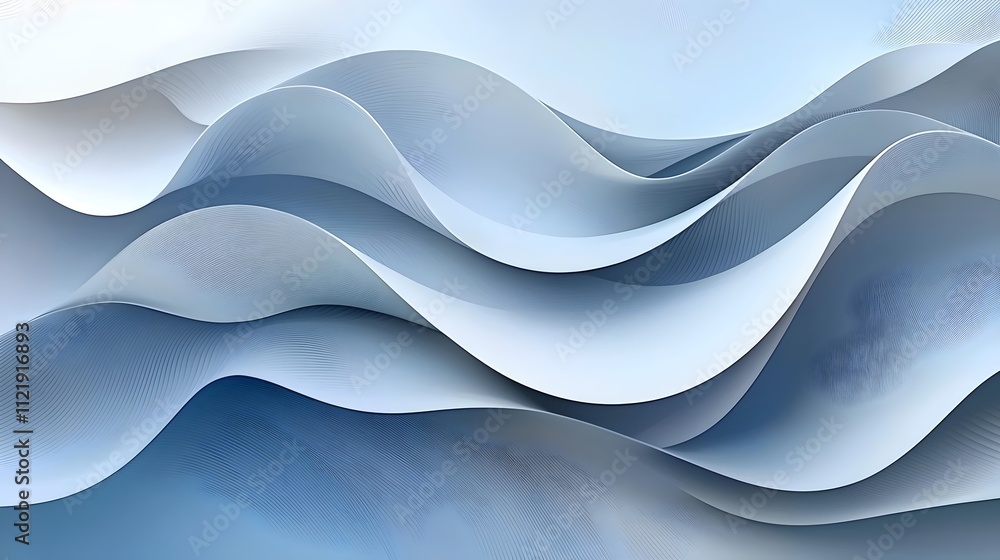 Poster a serene abstract representation featuring flowing waves in soft shades of blue and white, creating 