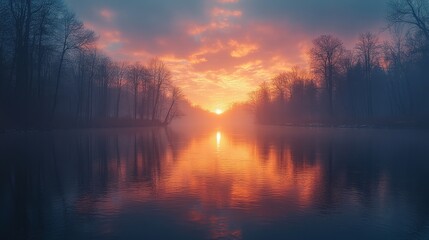Misty River Sunset: A Serene Winter Landscape