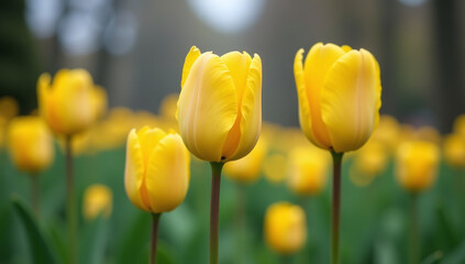 tulips bloom spring rainy days delicate yellow