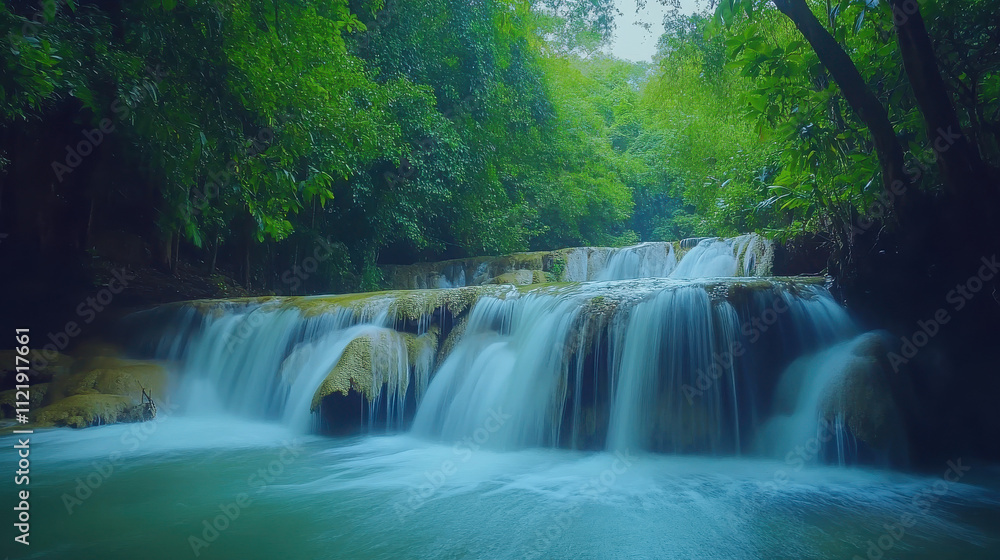 Canvas Prints A serene waterfall cascades through lush greenery, creating a tranquil natural scene.