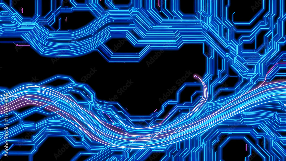 Poster glowing blue fractal lines dance across the dark space, creating a dynamic, futuristic abstract back