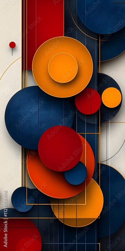 Poster an abstract composition featuring overlapping circular shapes in vibrant colors of orange, red, and 