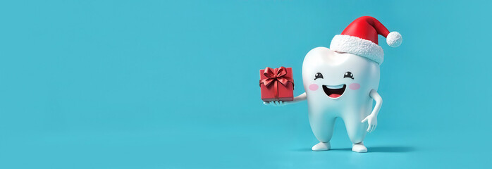 Cartoon smiling tooth in a festive Santa hat holding a present, light blue background . Mockup, magical xmas banner, web, wallpaper, template. Xmas greeting card in dental clinic, banner