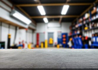 Scratched steel table top and service shop background