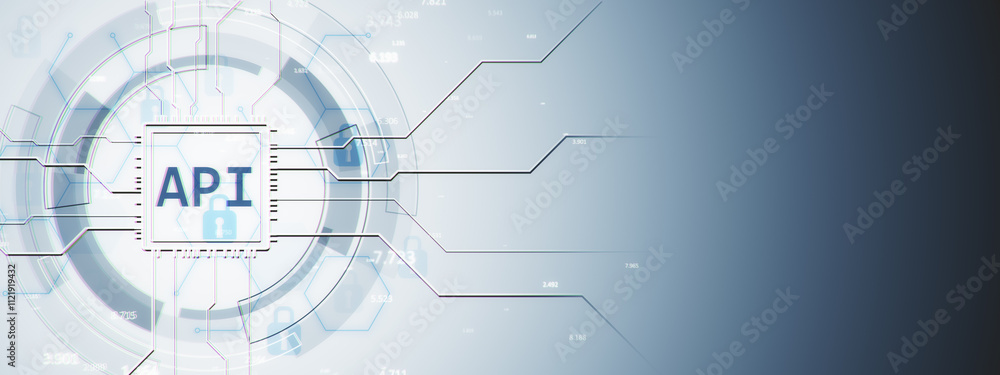 Leinwandbilder Futuristic API interface design with digital circuits and locks on gradient blue background. Modern tech and cybersecurity concept. 3D Rendering