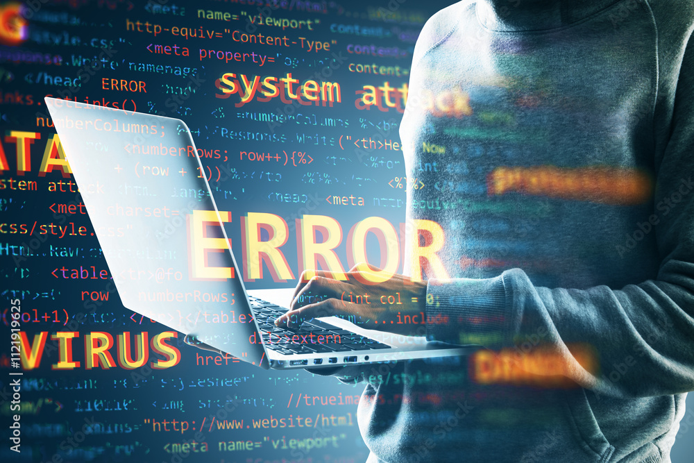 Poster Cybersecurity error concept with person and laptop, coding and virus alert on digital screen background.