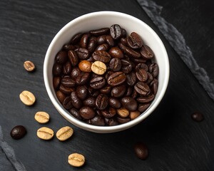 Fototapeta premium Coffee beans in white bowl