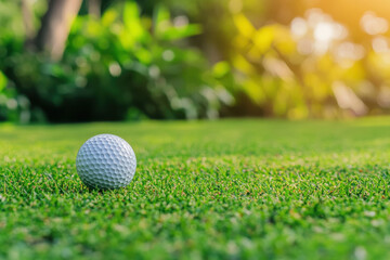 Obraz premium A close-up of a golf ball resting on lush green grass in a natural setting.
