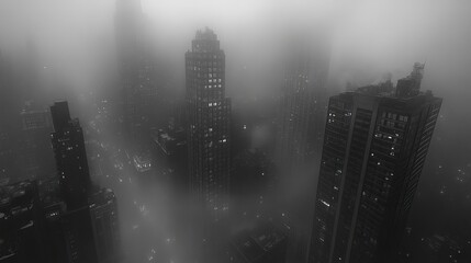 Foggy Metropolis: A Monochromatic Cityscape at Night