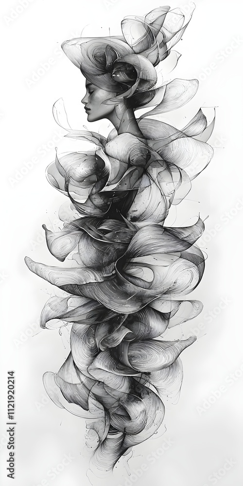 Poster an elegant, abstract representation of a female figure, intertwined with delicate, flowing lines tha