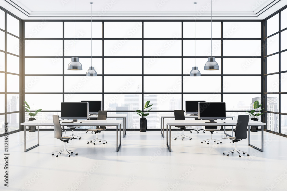 Poster modern office interior with desks, chairs, and computers in a bright space with large glass windows 