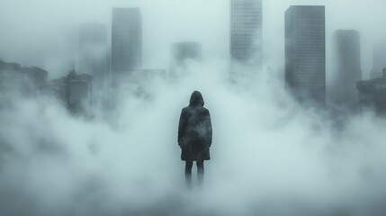 Mysterious Figure in Foggy Cityscape: A Dark, Brooding Urban Scene