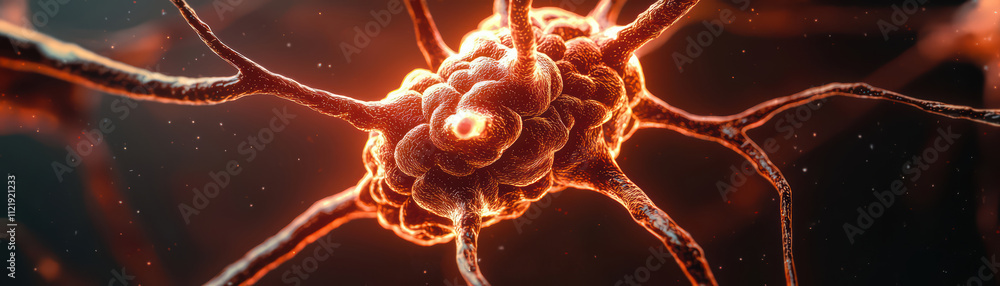 Poster conceptual representation of glowing neuron, showcasing intricate details and vibrant colors. this c