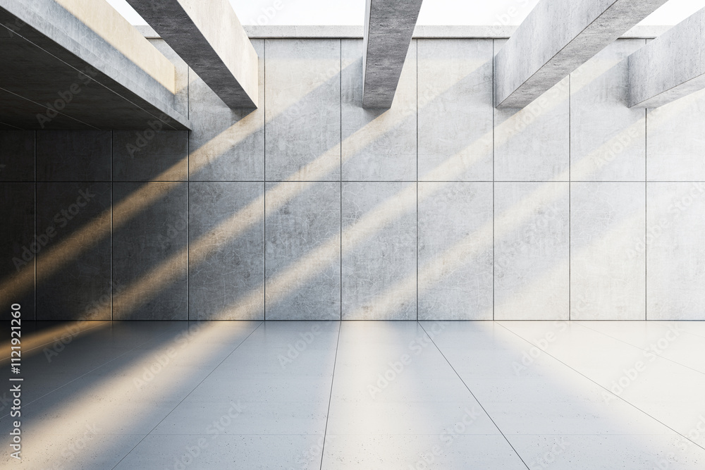 Poster minimalist concrete room with sunlight casting shadows on walls and floor. 3d rendering