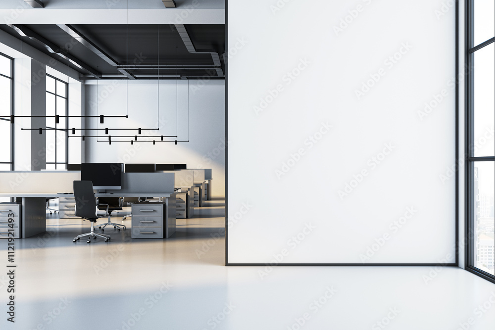 Poster modern open office interior with large windows, clean design, and spacious desks. 3d rendering