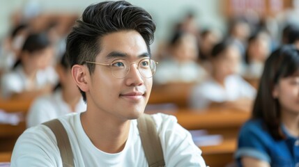Obraz premium An Asian adult student participating in a university seminar, contributing to the discussion with thoughtful insights