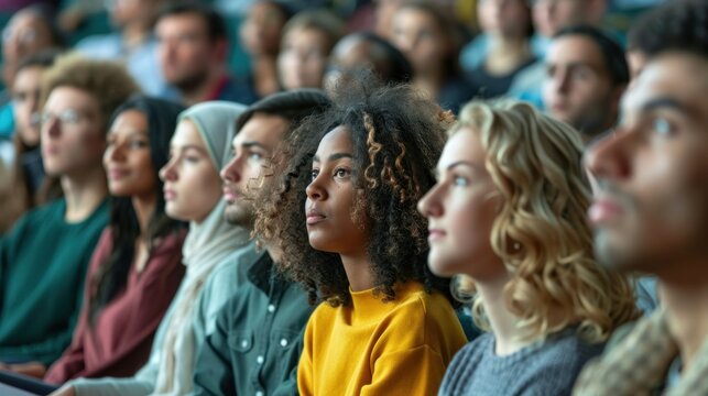 A diverse adult student body attending a college lecture, reflecting the multicultural nature of the institution