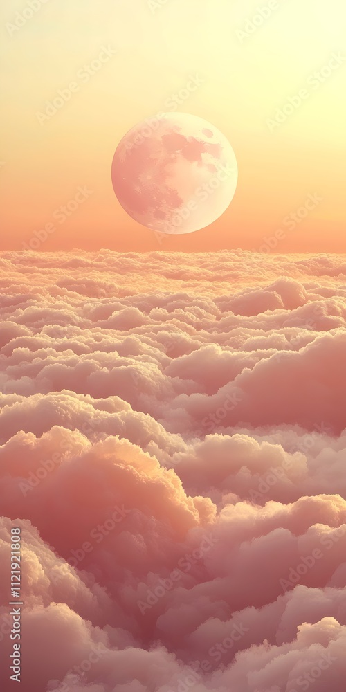 Poster a mesmerizing view of a large moon set against a soft pastel sky, casting a warm glow over fluffy cl