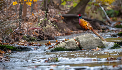Male pheasant standing on rock in autumn stream.