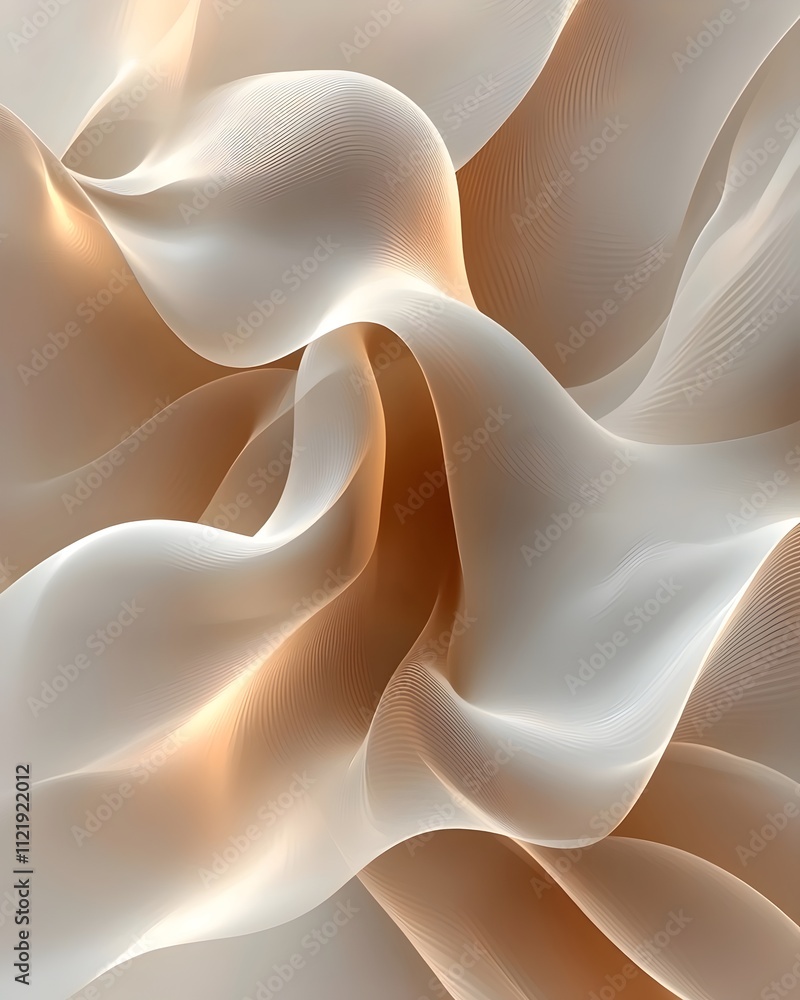 Poster an abstract composition featuring flowing waves in soft beige and cream tones, creating a smooth and