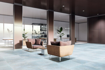 Modern office lounge area with contemporary furniture and open glass partitions. 3D Rendering
