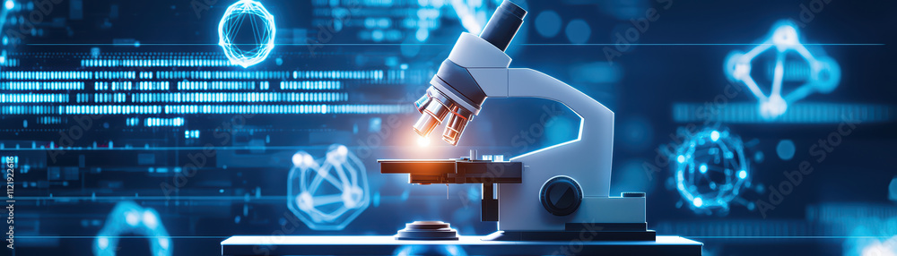 Poster digital ing of futuristic microscope with glowing elements, showcasing advanced technology and scien