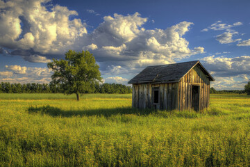 A rustic wooden shed stands in a vibrant green field under a blue sky with fluffy clouds.