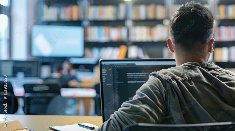 Poster an adult student attending a virtual lecture, following along and taking notes on a computer screen