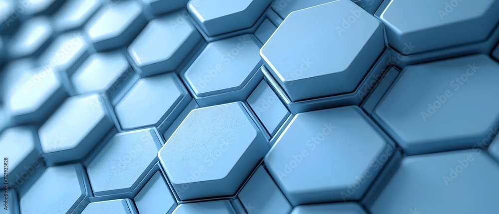 Poster close-up view of a geometric pattern featuring interconnected blue hexagons, creating a modern and s